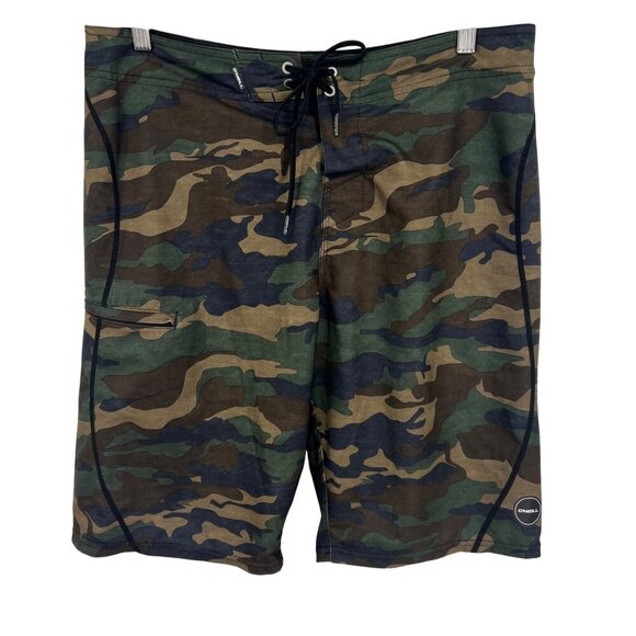 ONeill Hyperfreak Camo Board Shorts Men 32 -Elastic Waist Velcro Pocket Swim EUC - Picture 1 of 9